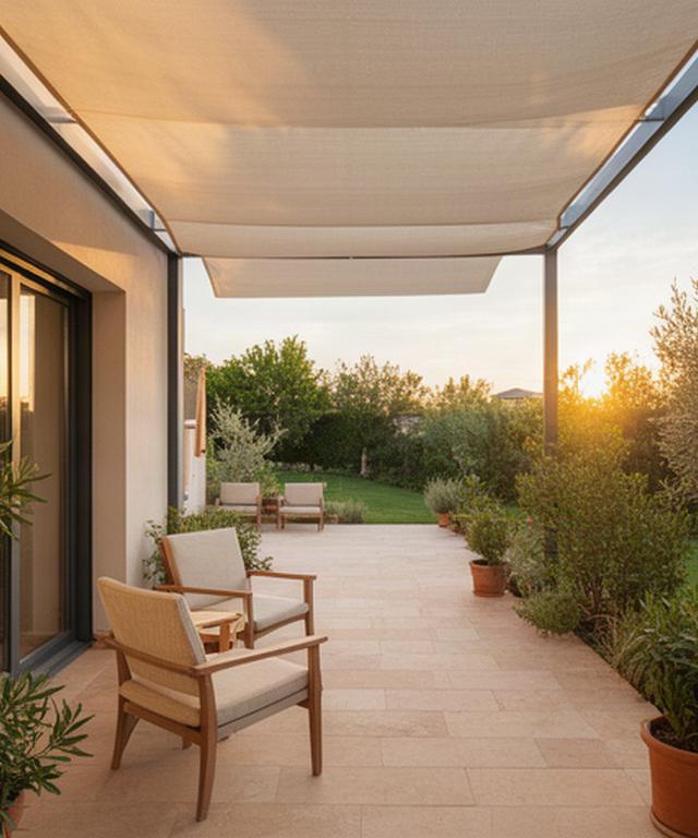 Terraza familiar con pavimento renovado y sombra textil junto a una vivienda de Guillena