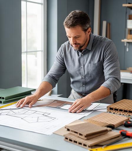 Profesional revisando planos y materiales para una terraza residencial