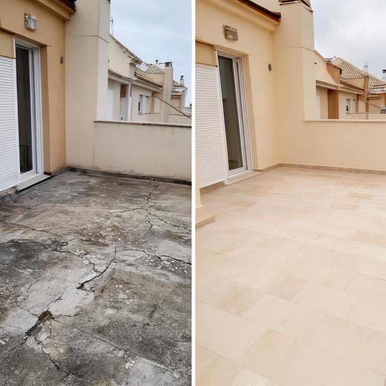 Comparativa antes y después de una terraza residencial renovada con nuevo pavimento en Guillena