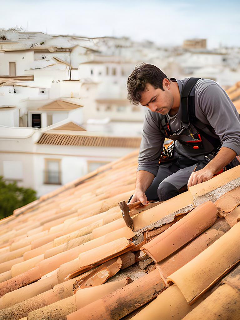 Profesional revisando una cubierta inclinada de tejas en una vivienda de Guillena
