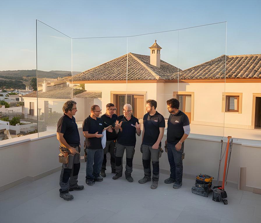 Equipo de R. B. Cubiertas revisando una terraza terminada en una vivienda de Andalucía