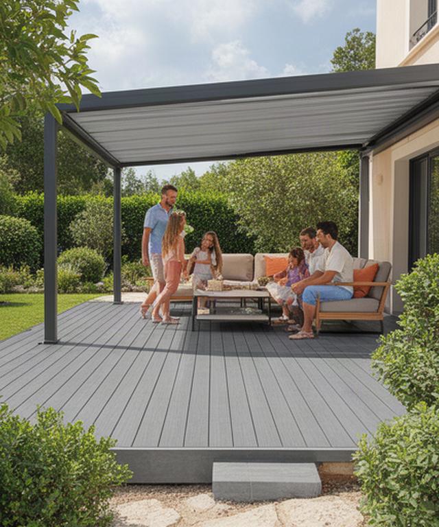 Familia disfrutando de una terraza de composite gris junto a un jardín residencial