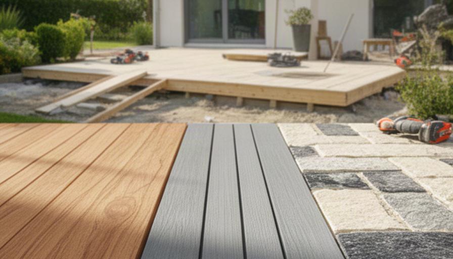 Muestras de madera, composite y piedra colocadas junto a una terraza en obra