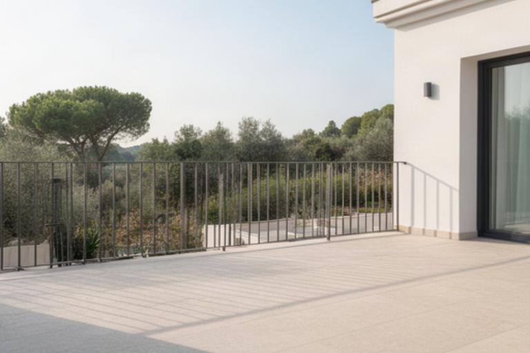 Revestimiento nuevo en una terraza exterior con barandilla metálica y luz natural