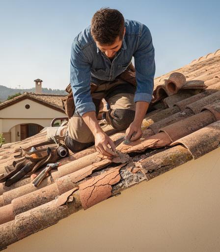 Técnico reparando tejas rotas en el tejado de una casa andaluza