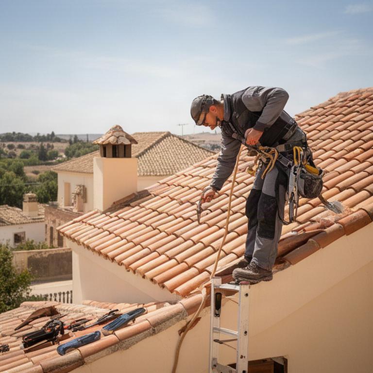 Profesional revisando la cubierta de una vivienda en Guillena con herramientas de tejado