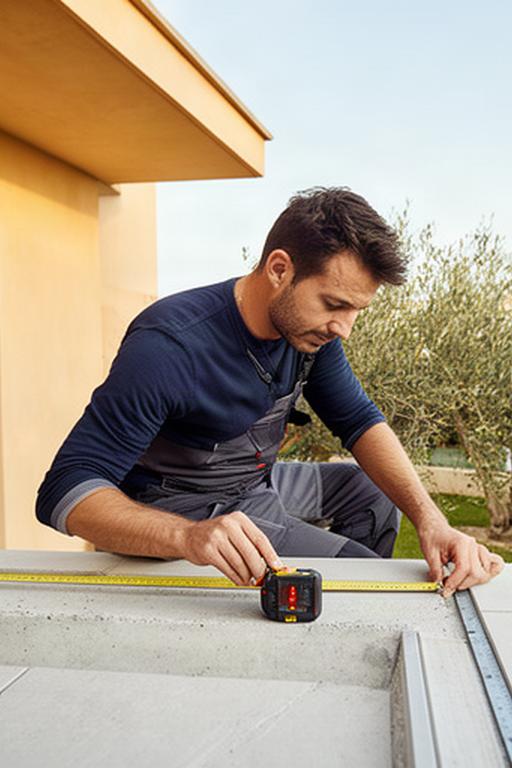 Profesional tomando medidas de una terraza exterior junto a una vivienda en Andalucía
