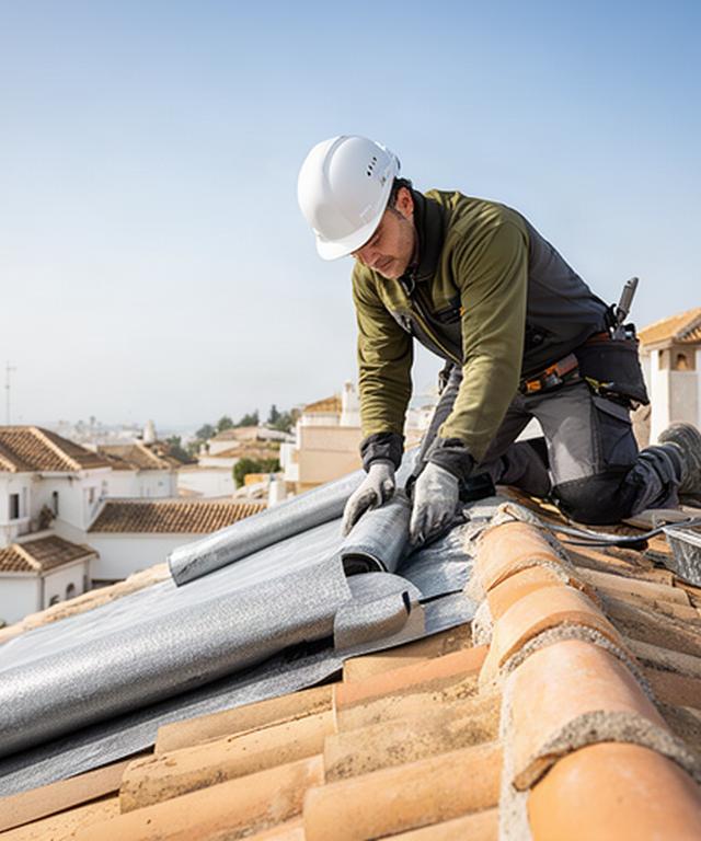 Profesional de construcción comprobando la impermeabilización de una cubierta en Guillena