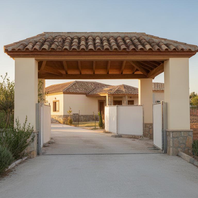 Entrada de una vivienda de Guillena con una cubierta protegida y acceso de obra ordenado