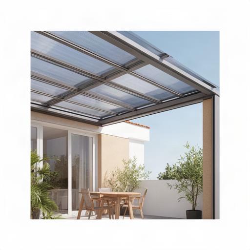 Cubierta retráctil de policarbonato instalada sobre una terraza luminosa