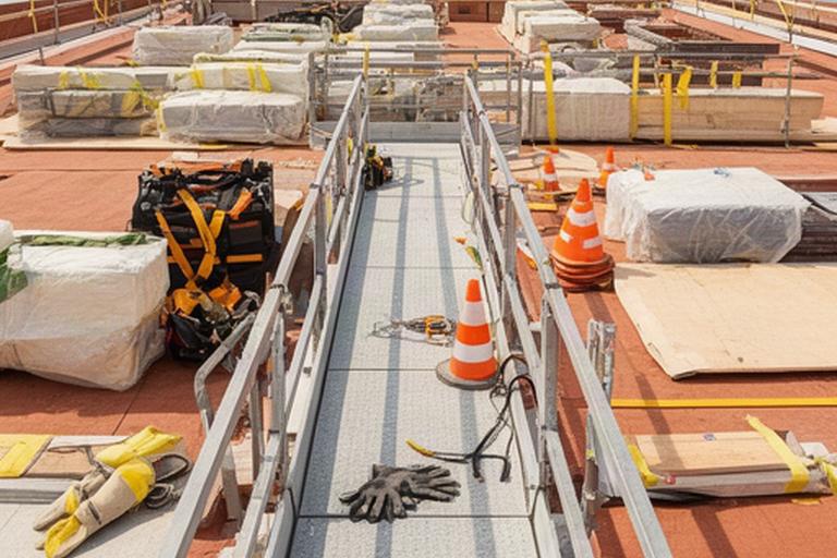 Zona de trabajo de una cubierta preparada con materiales recogidos y paso seguro
