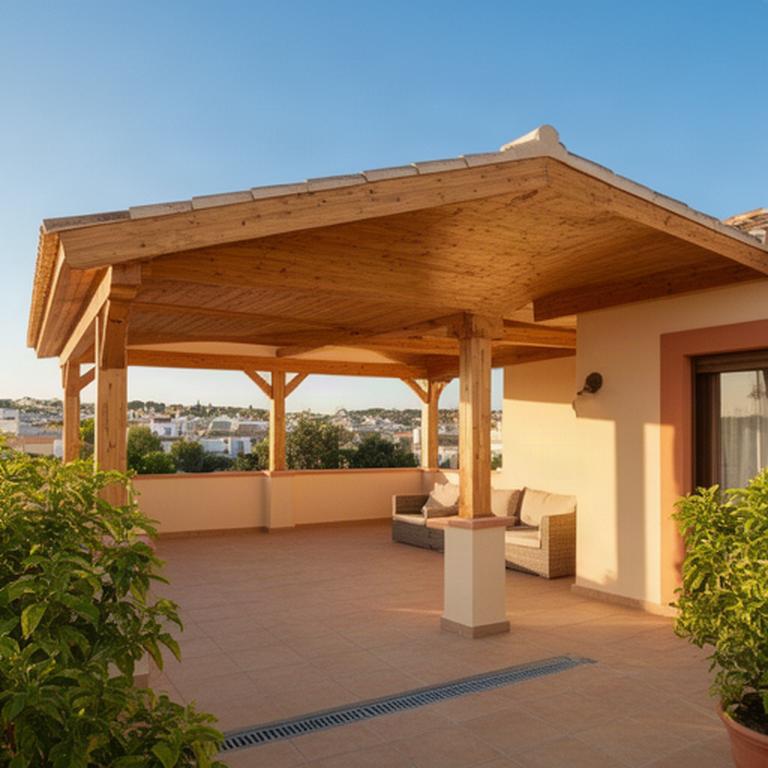 Cubierta de madera sobre una terraza de una vivienda en Guillena durante una tarde soleada