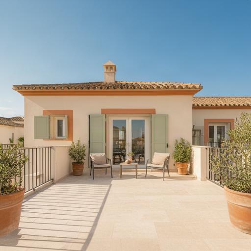Terraza familiar renovada con pavimento claro y barandilla en una casa andaluza