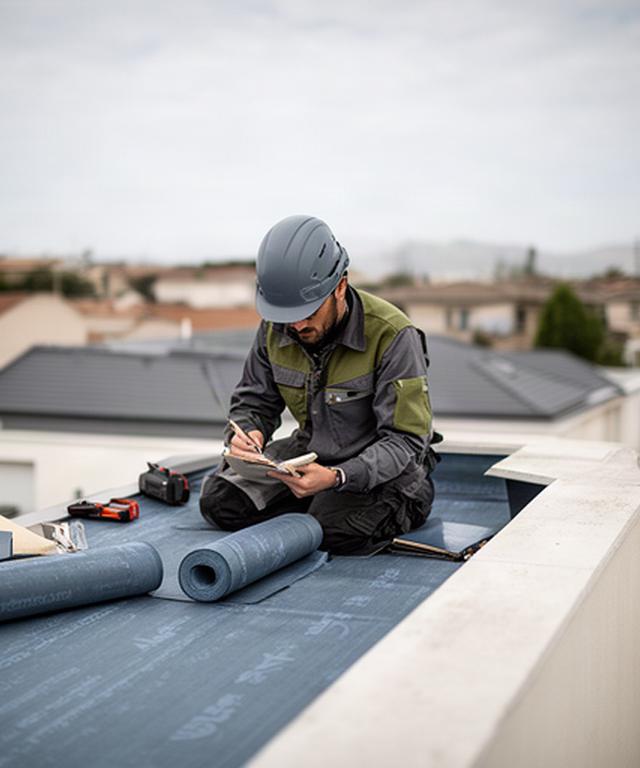 Profesional revisando una cubierta de terraza durante una obra residencial