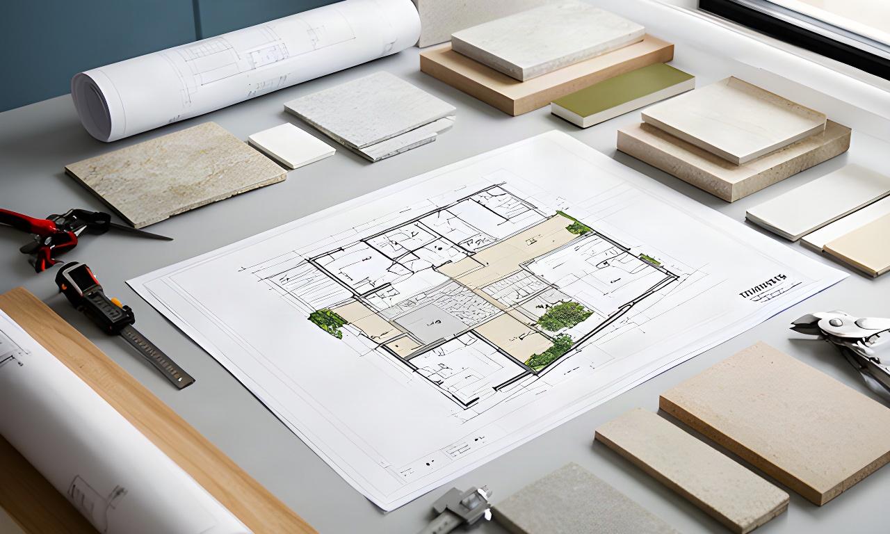 Planos de una terraza sobre una mesa de trabajo junto a muestras de materiales de construcción