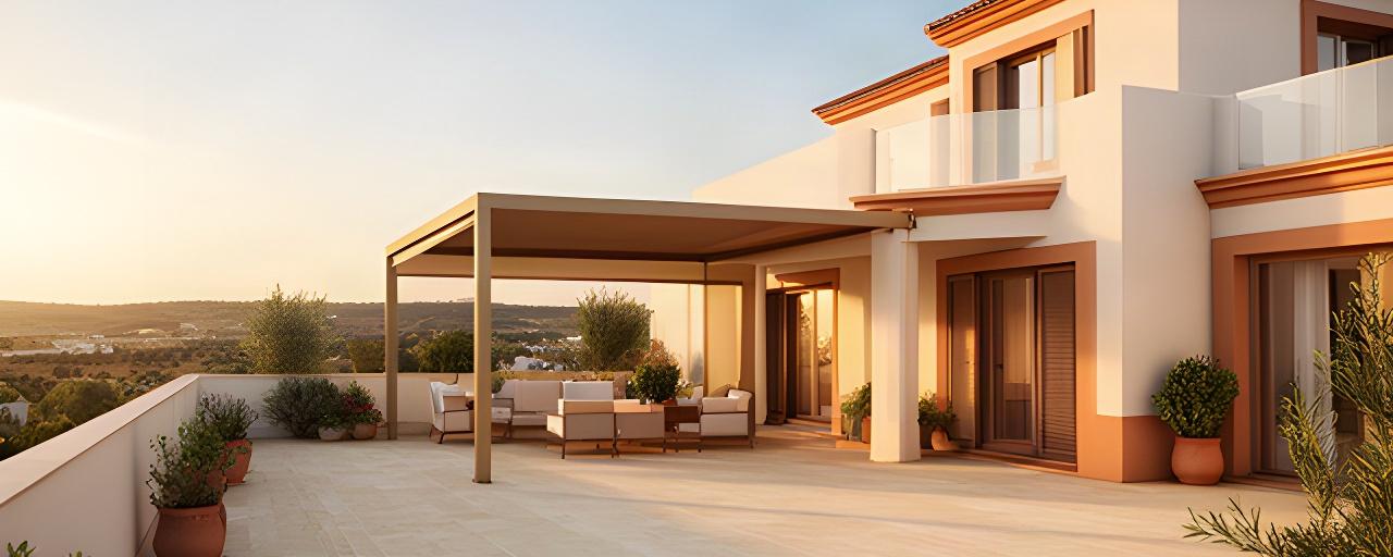 Terraza residencial terminada con pavimento exterior y cubierta ligera en un entorno andaluz