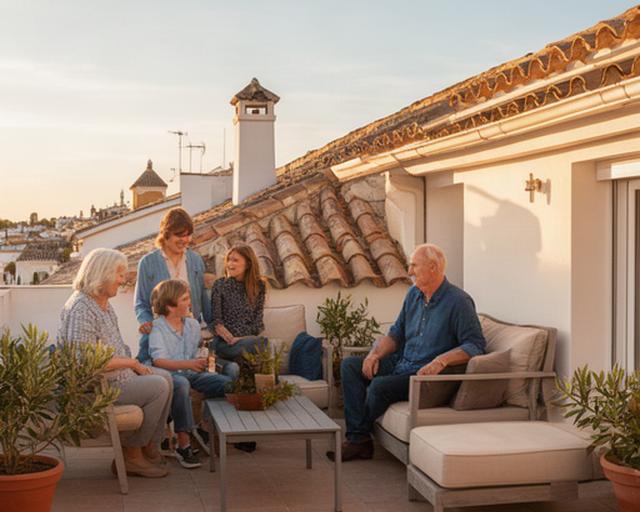 Familia disfrutando de una terraza nueva junto a una cubierta reparada