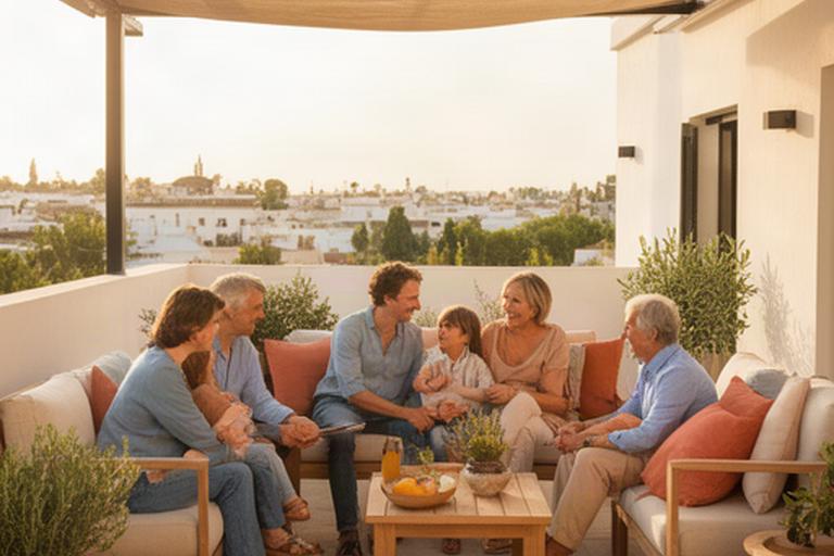 Familia disfrutando de una terraza exterior renovada cerca de Sevilla