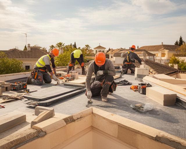Profesionales de R. B. Cubiertas trabajando juntos en una cubierta residencial